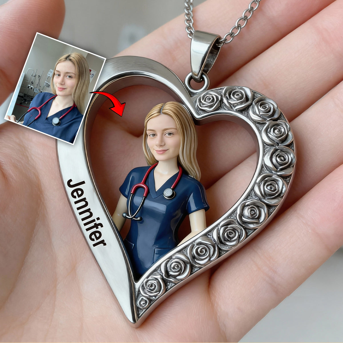 Custom From Any Photo - Personalized Nurse Shaped Metal Pendant Necklace