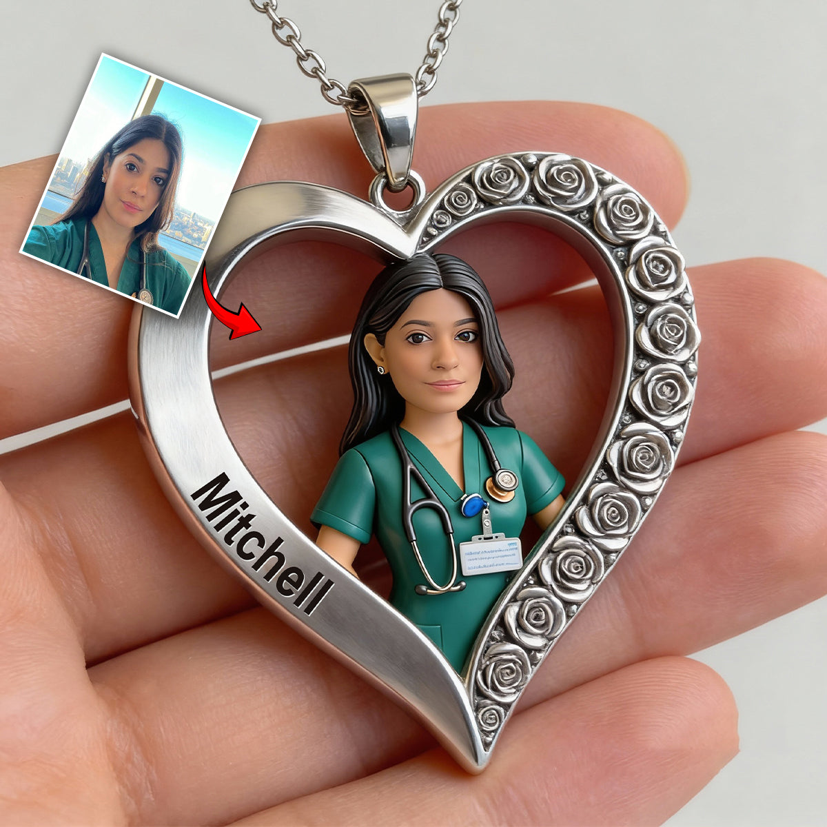 Custom From Any Photo - Personalized Nurse Shaped Metal Pendant Necklace