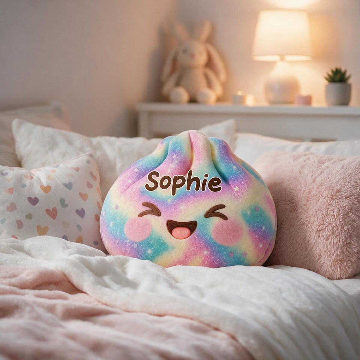 Personalized Rainbow Glitter Smiling Dumpling Shaped Pillow, Custom Name Cute Kids Room Decor