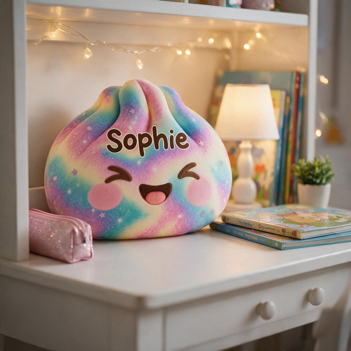 Personalized Rainbow Glitter Smiling Dumpling Shaped Pillow, Custom Name Cute Kids Room Decor