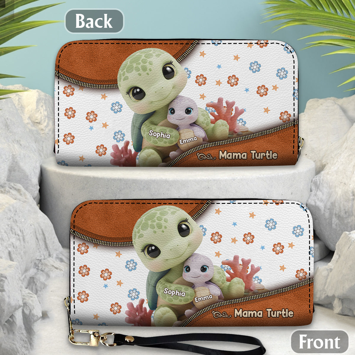 Mama Turtle - Personalized Mother Leather Long Wallet