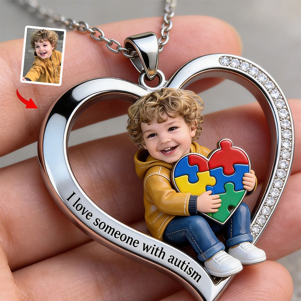Custom Any Photo - Personalized Autism Awareness Shaped Metal Pendant Necklace