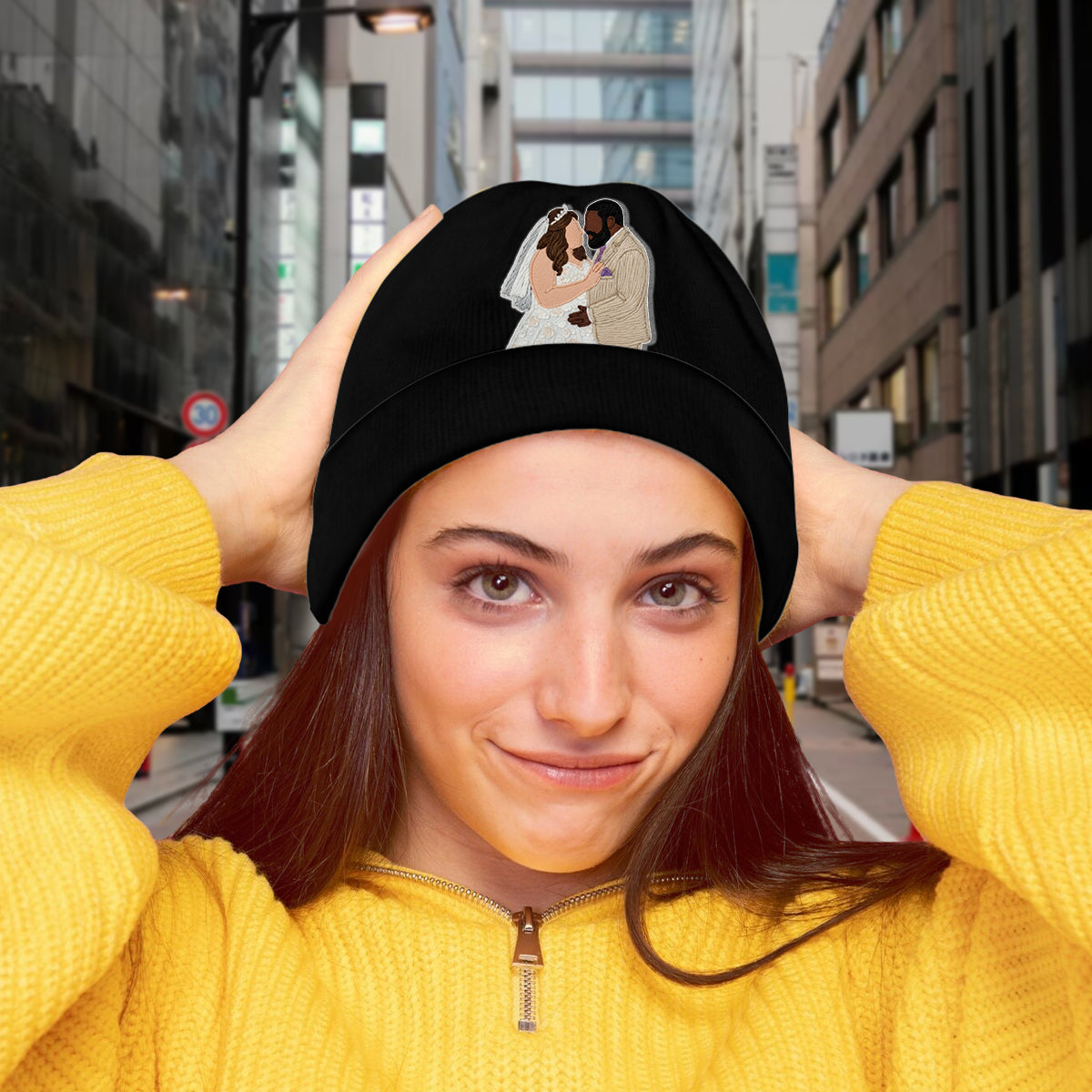 Embroidery Minimalist Cartoon Style - Personalized Couple Embroidered Beanie