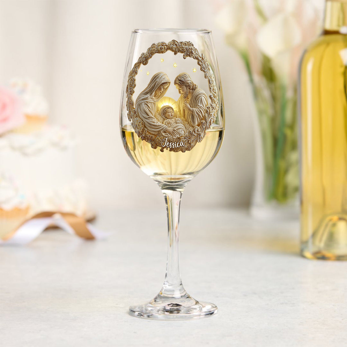 Nativity Scene - Personalized Christian Wine Glass With Long Stem