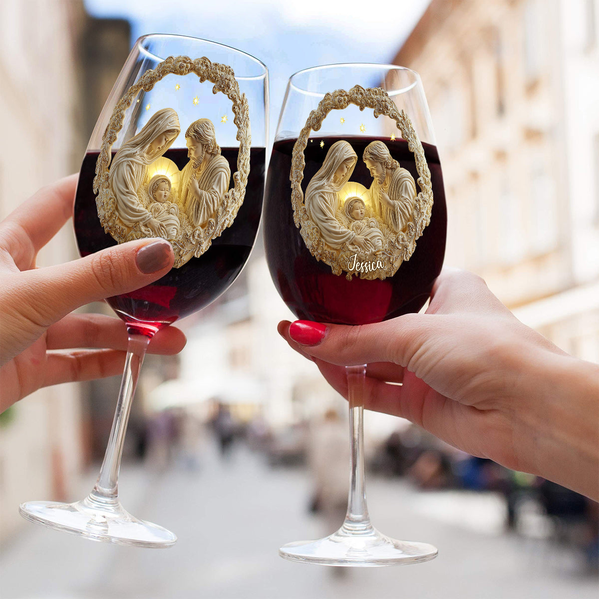 Nativity Scene - Personalized Christian Wine Glass With Long Stem