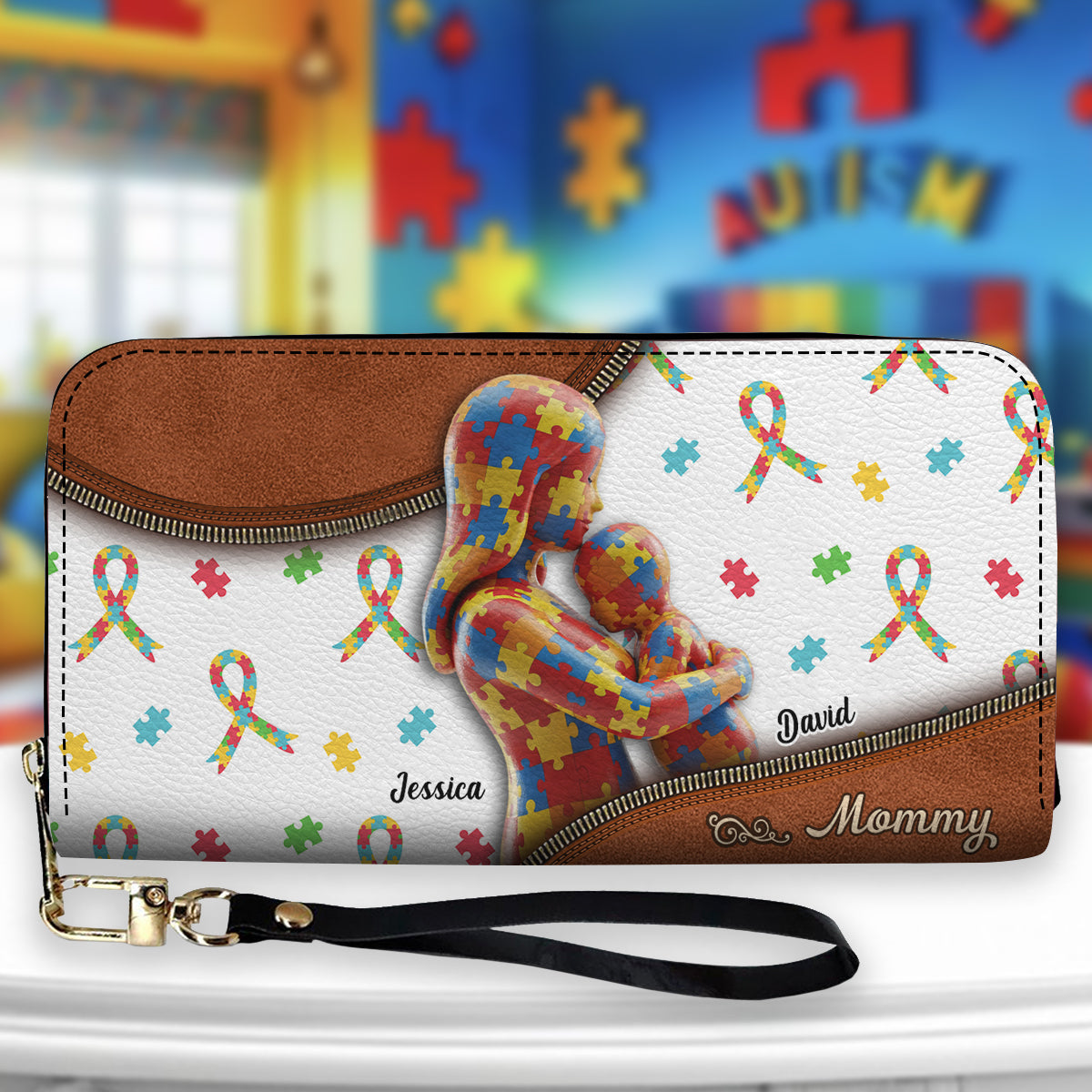 The Love Of The Mother - Personalized Autism Awareness Leather Long Wallet