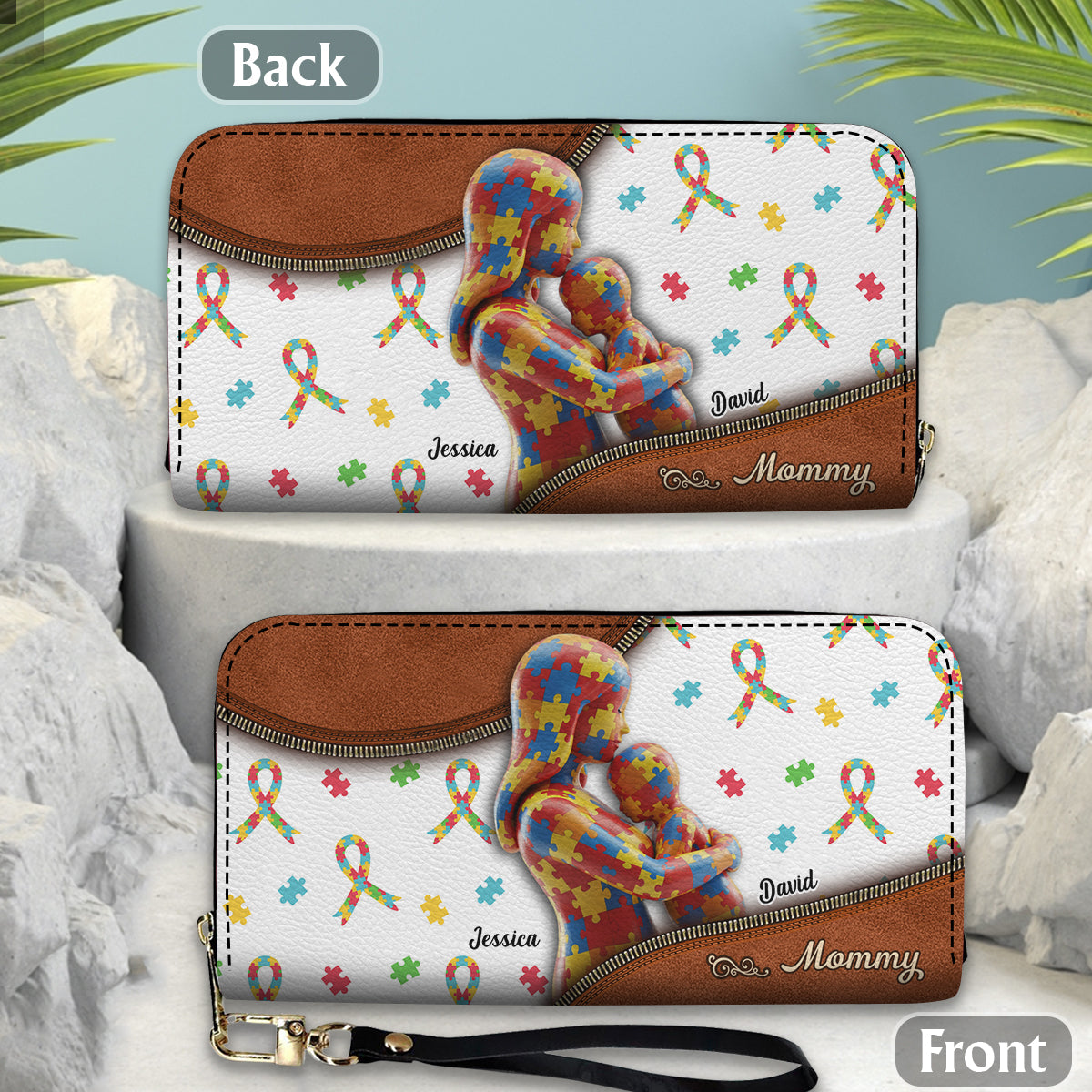 The Love Of The Mother - Personalized Autism Awareness Leather Long Wallet