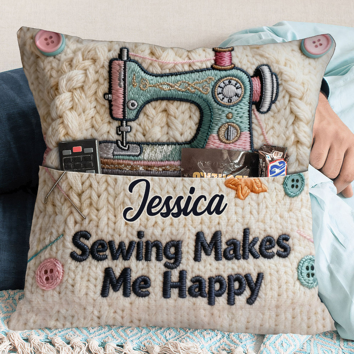 Sewing Makes Me Happy - Personalized Sewing Pocket Pillow