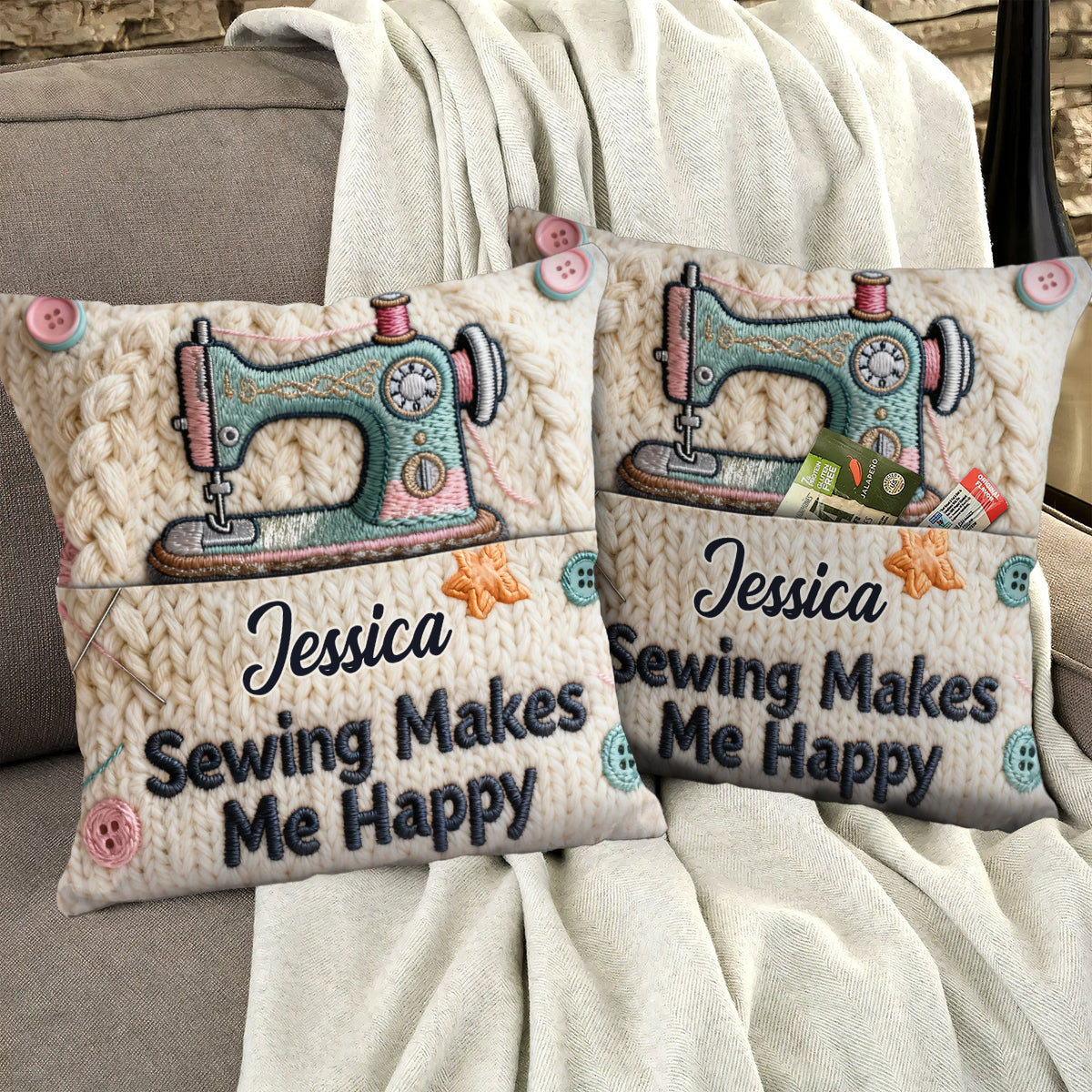 Sewing Makes Me Happy - Personalized Sewing Pocket Pillow