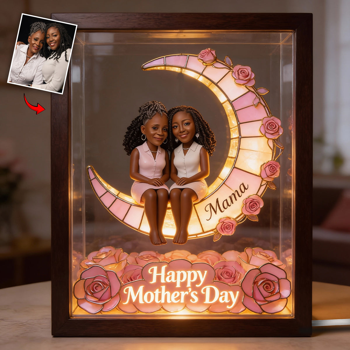 Custom Any Photo Love Mom, Grandma To The Moon - Personalized Mother Wooden Frame LED Light