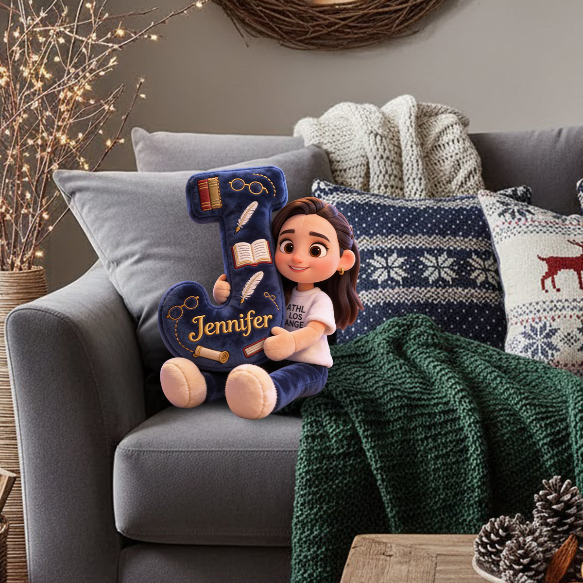 Cozy Alphabet Library - Personalized Book Faux Fur Shaped Pillow