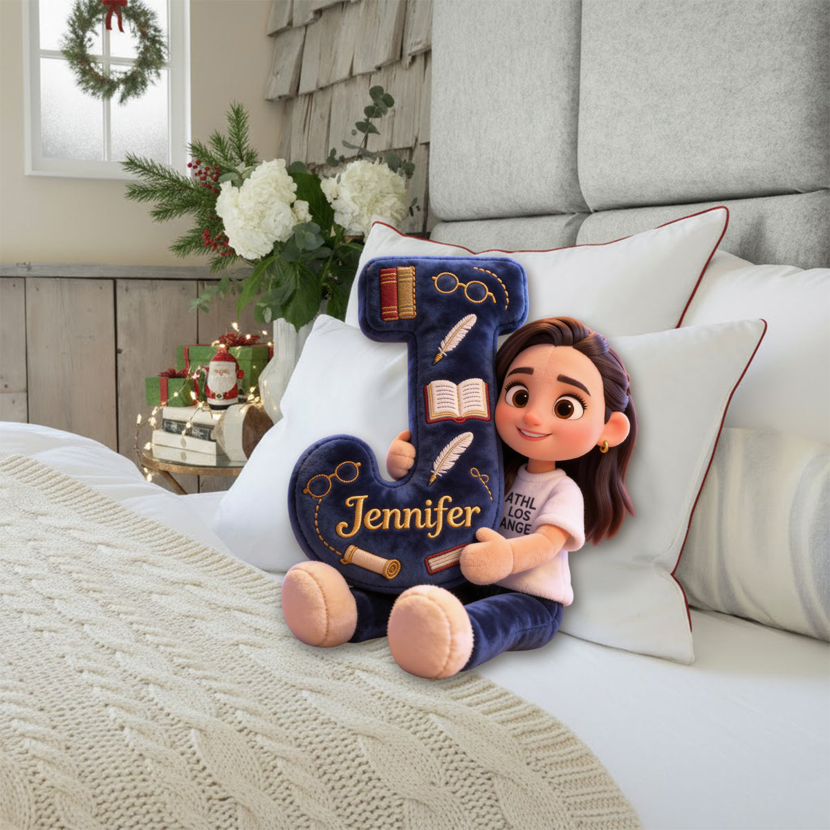 Cozy Alphabet Library - Personalized Book Faux Fur Shaped Pillow