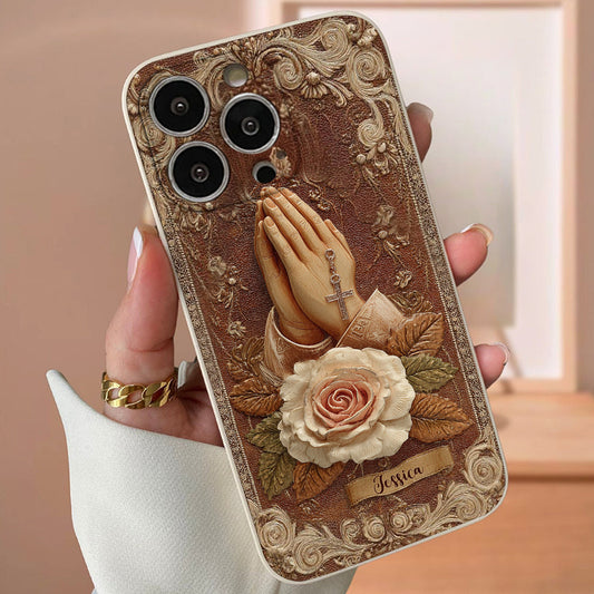 Praying Hands With Roses - Personalized Christian Leather Phone Case