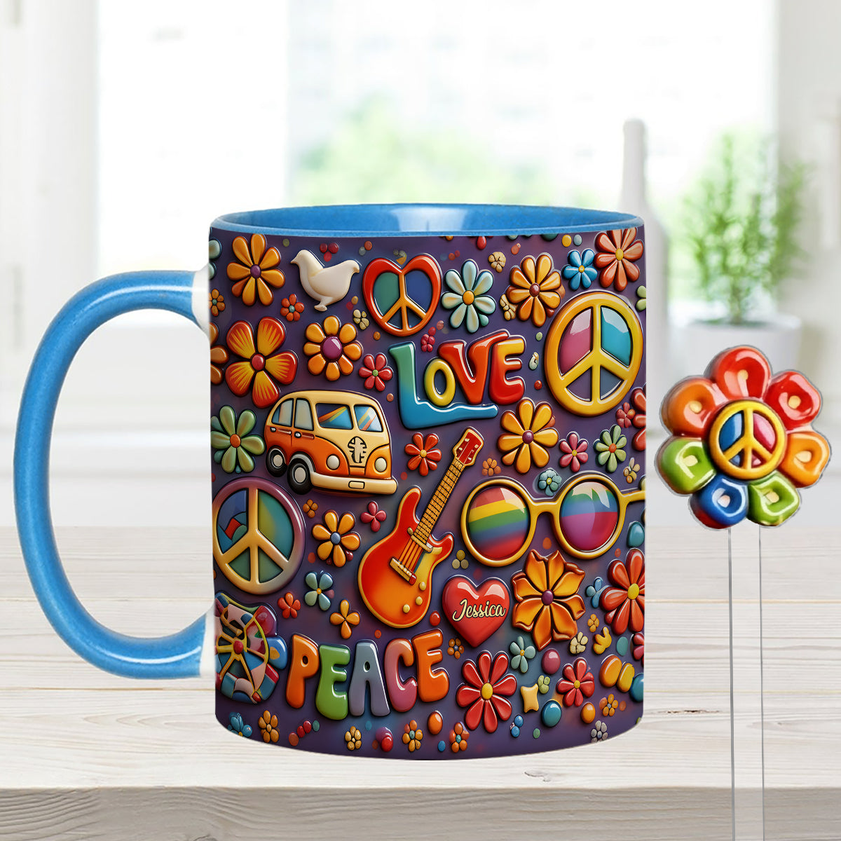Hippie Peace Love - Personalized Hippie Set Accent Mug with Acrylic Stirrers