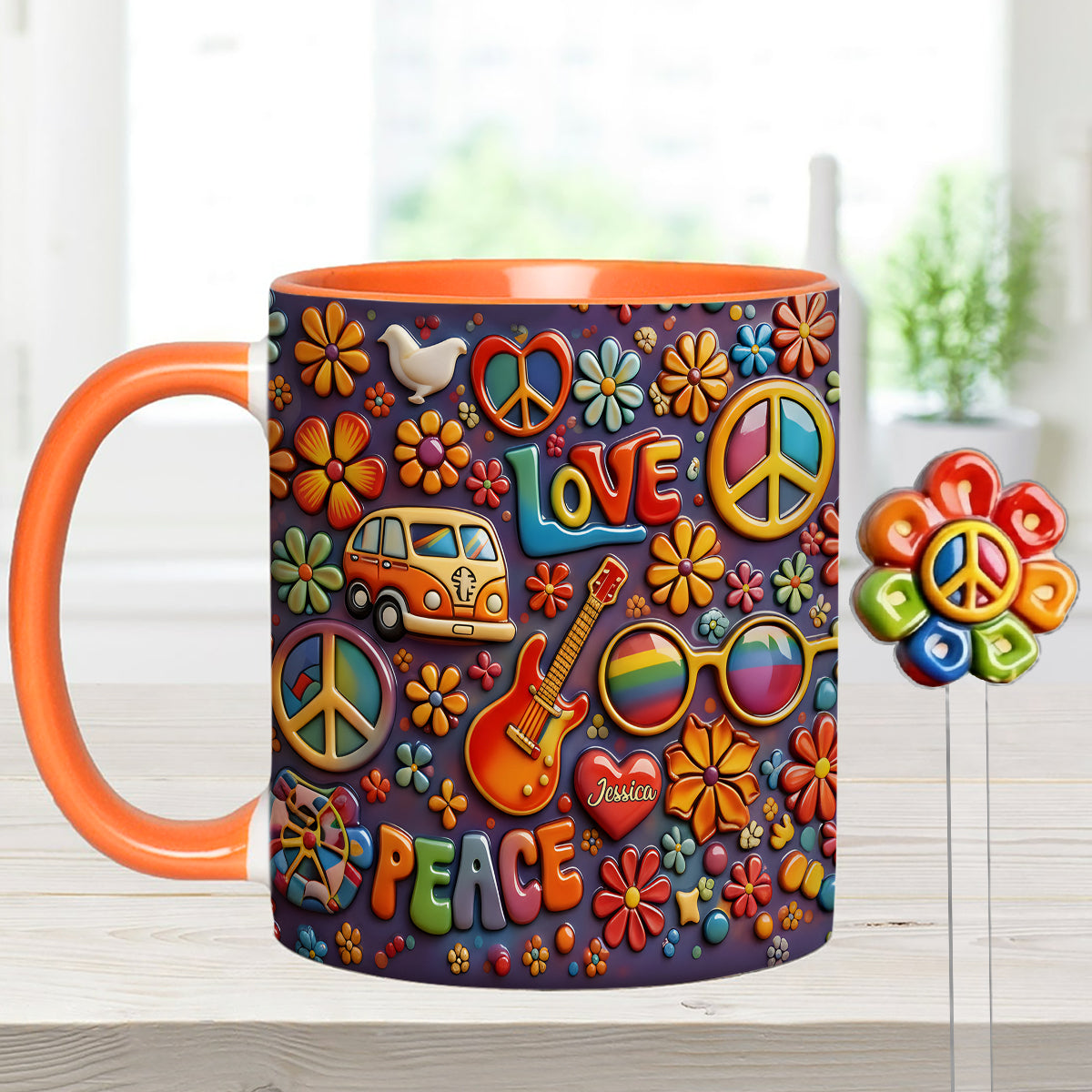 Hippie Peace Love - Personalized Hippie Set Accent Mug with Acrylic Stirrers