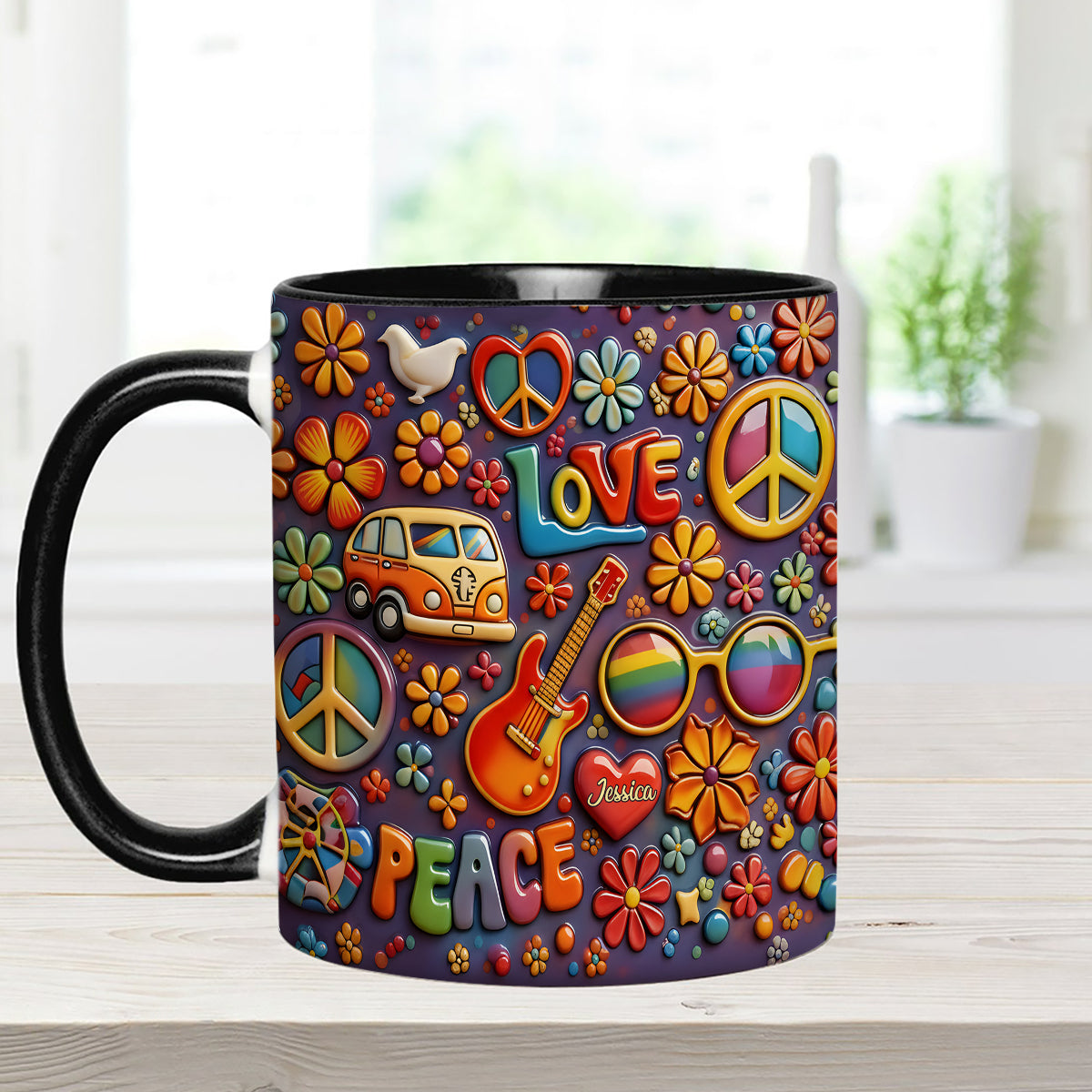 Hippie Peace Love - Personalized Hippie Set Accent Mug with Acrylic Stirrers