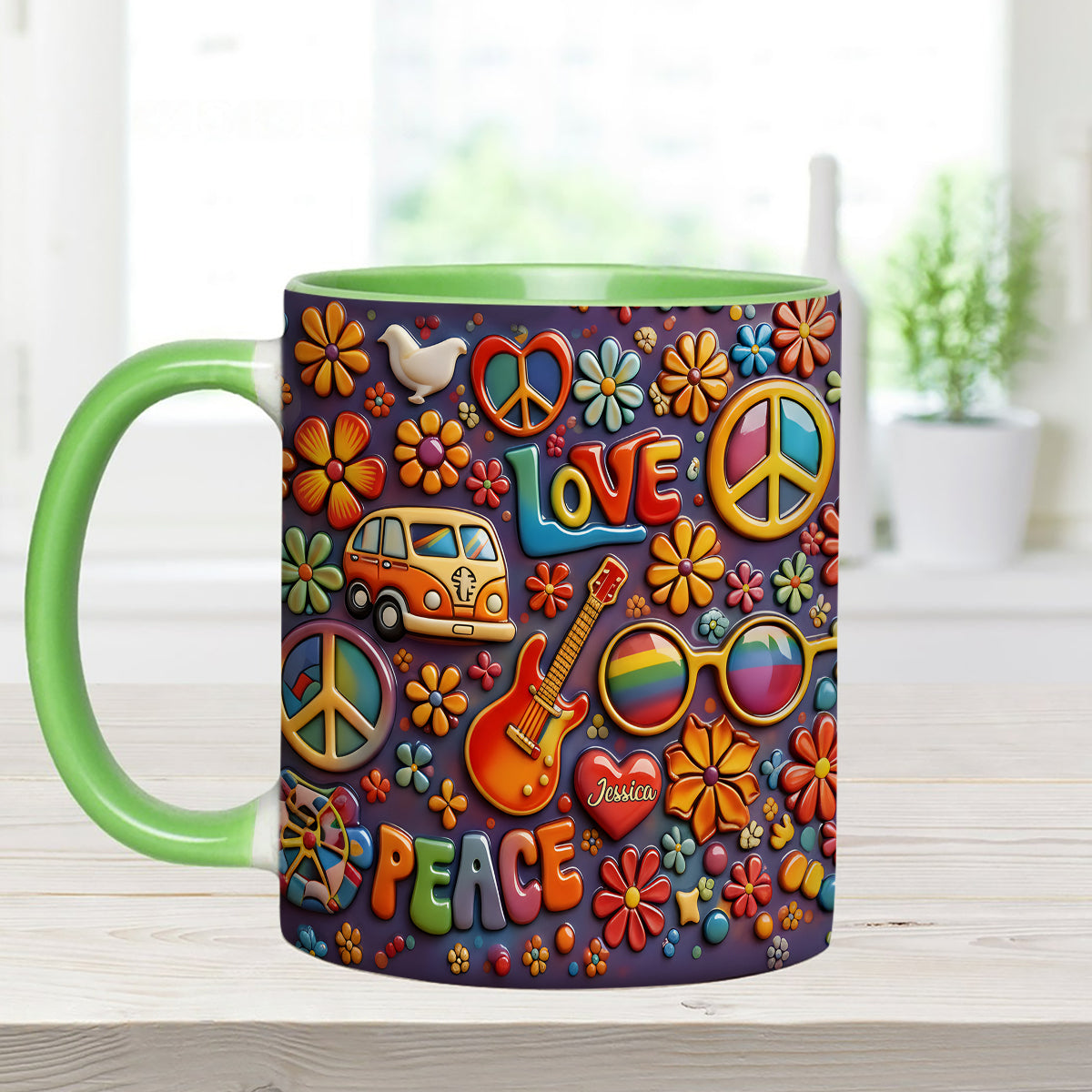 Hippie Peace Love - Personalized Hippie Set Accent Mug with Acrylic Stirrers