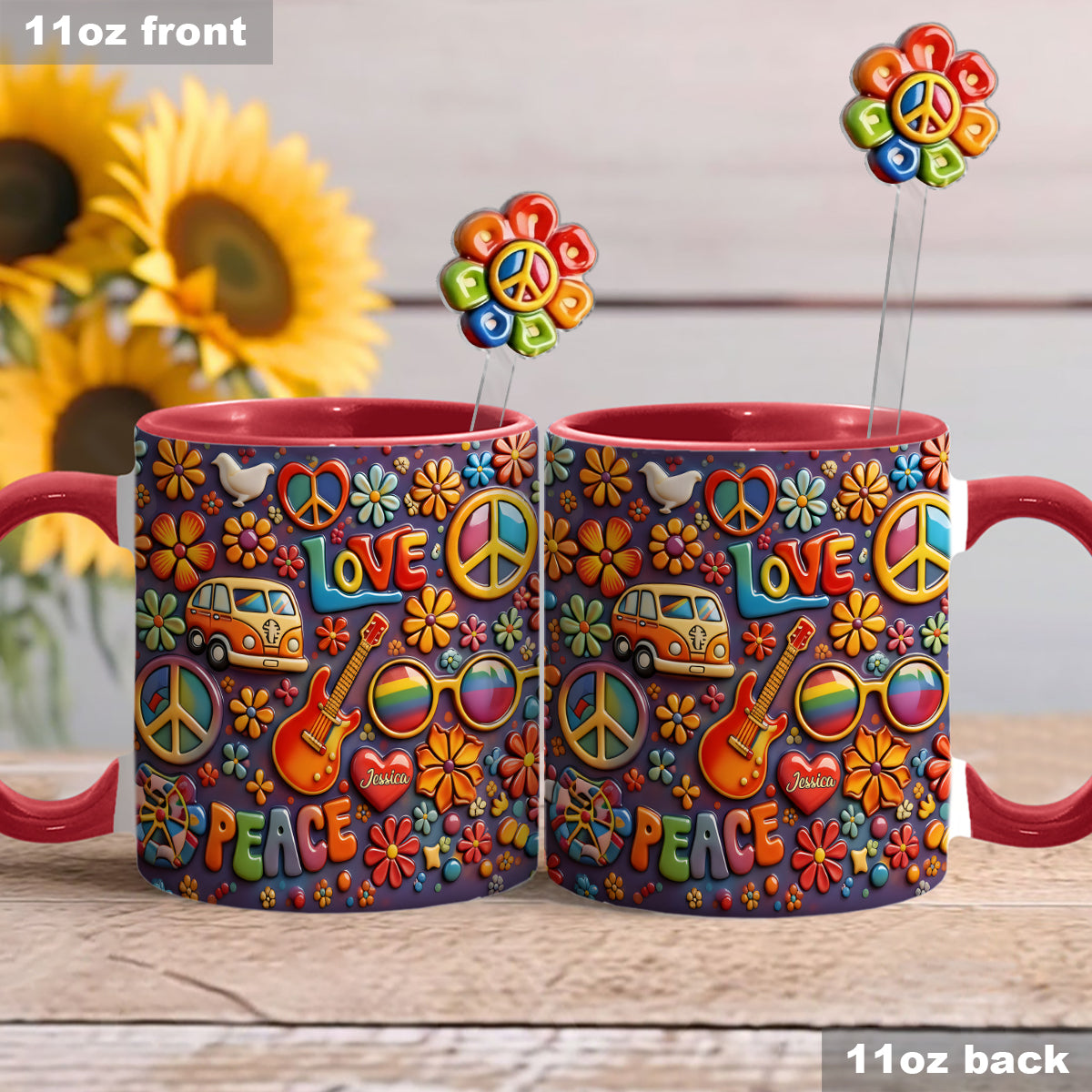 Hippie Peace Love - Personalized Hippie Set Accent Mug with Acrylic Stirrers