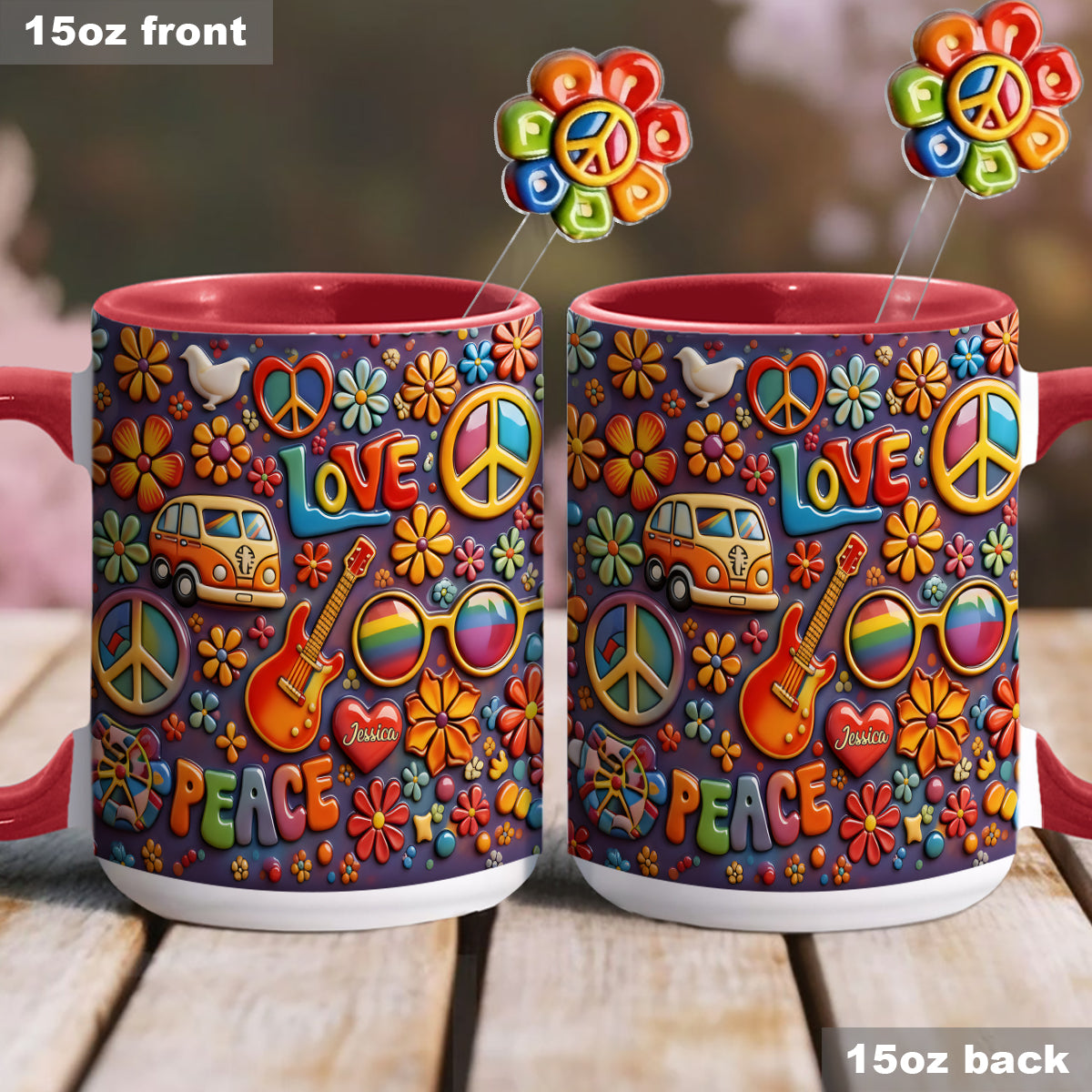 Hippie Peace Love - Personalized Hippie Set Accent Mug with Acrylic Stirrers