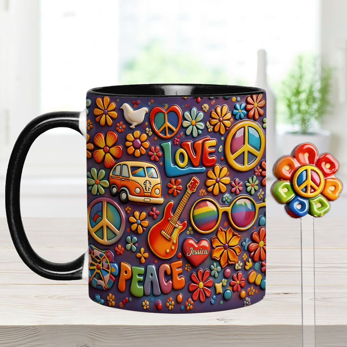 Hippie Peace Love - Personalized Hippie Set Accent Mug with Acrylic Stirrers