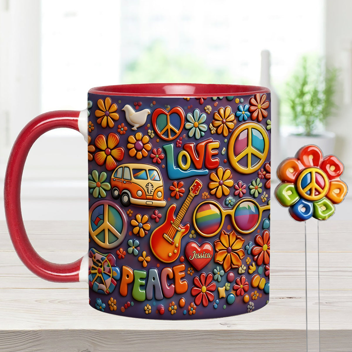 Hippie Peace Love - Personalized Hippie Set Accent Mug with Acrylic Stirrers