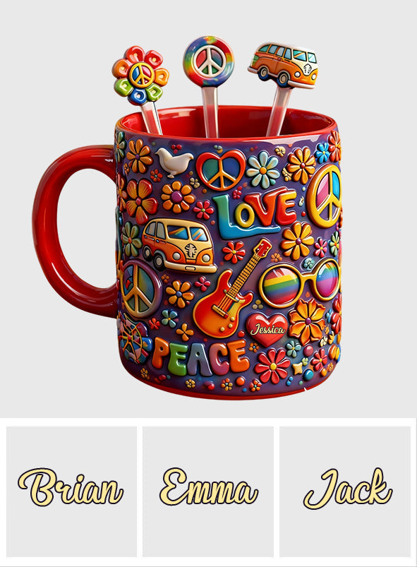 Hippie Peace Love - Personalized Hippie Set Accent Mug with Acrylic Stirrers