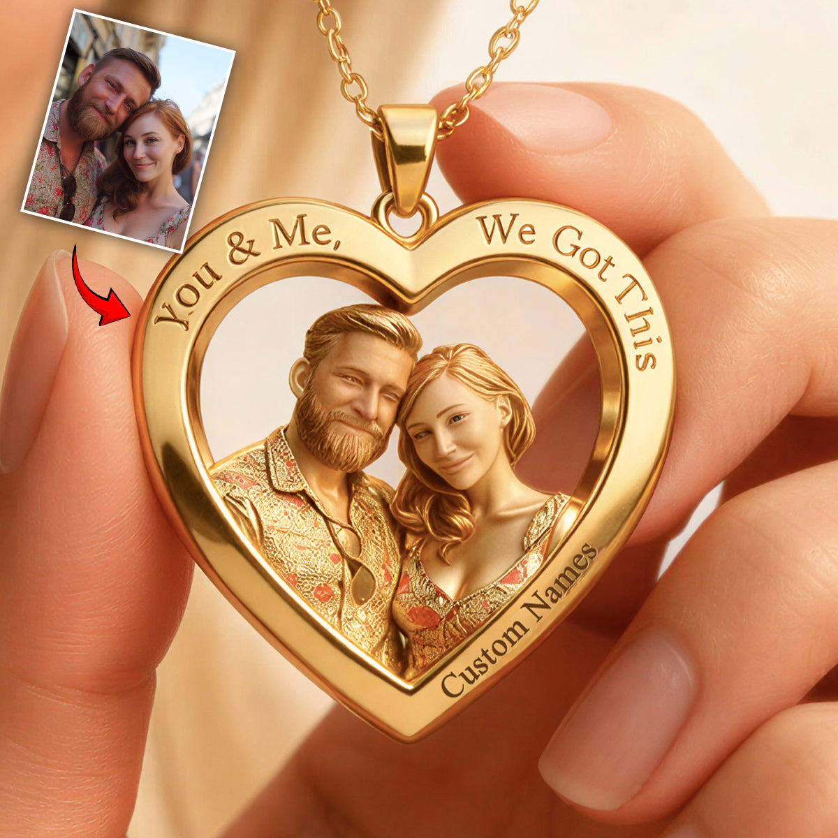 Custom Pendant Necklace From Any Photo - Personalized Couple Shaped Metal Pendant Necklace