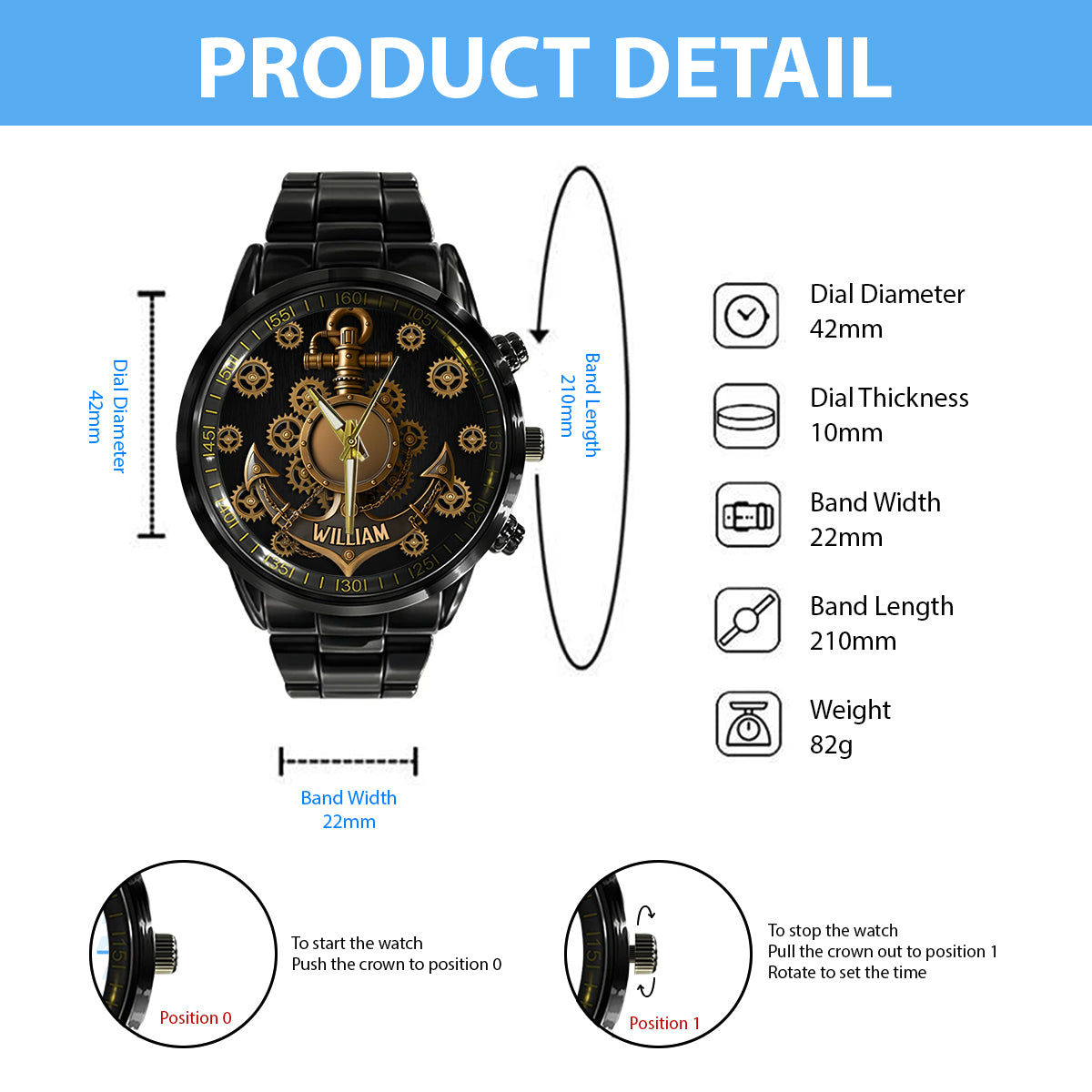 Nautical Anchor Gears Art - Personalized Boating Hand Watch