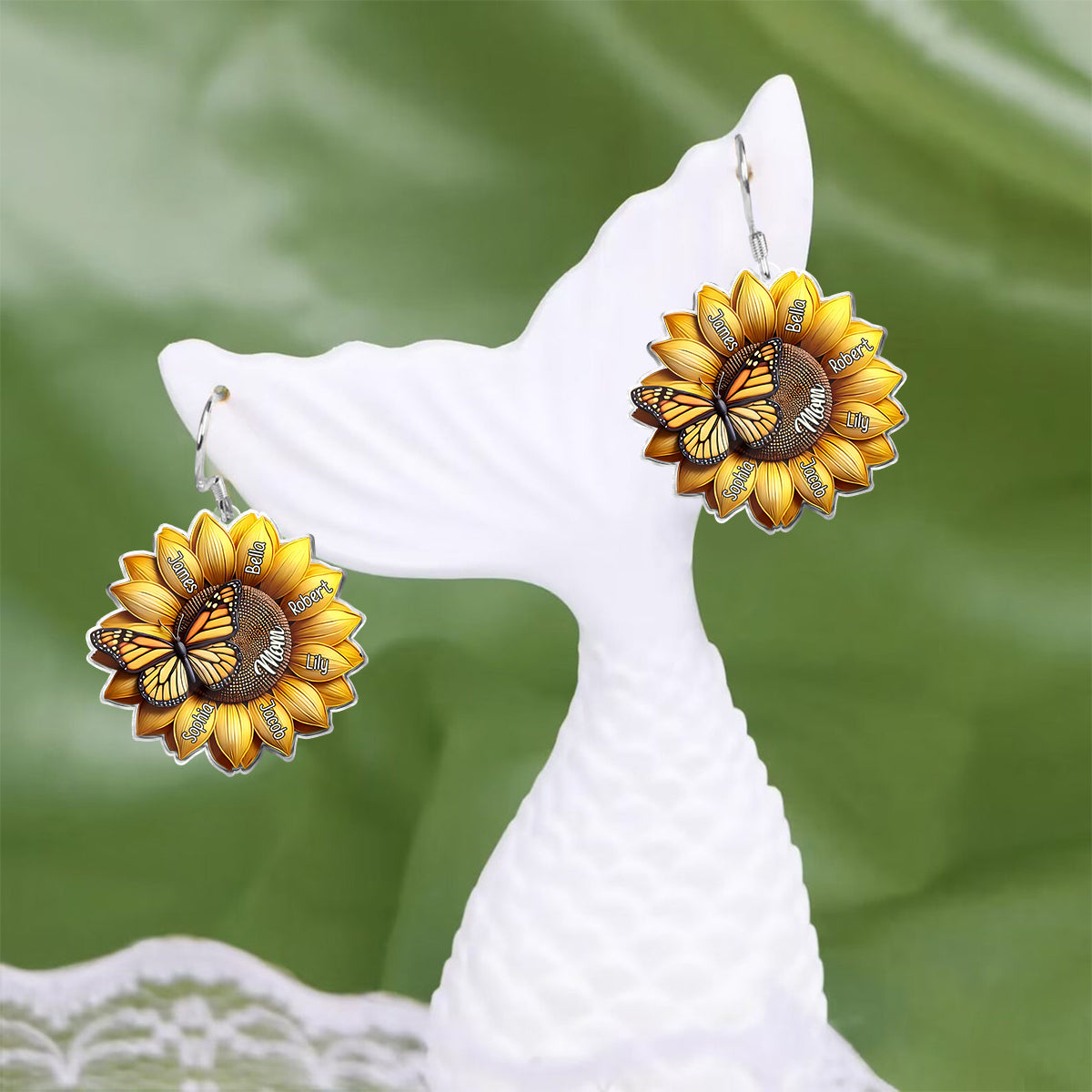 Sunflower Gift For Mom Grandma - Personalized Mother Earrings