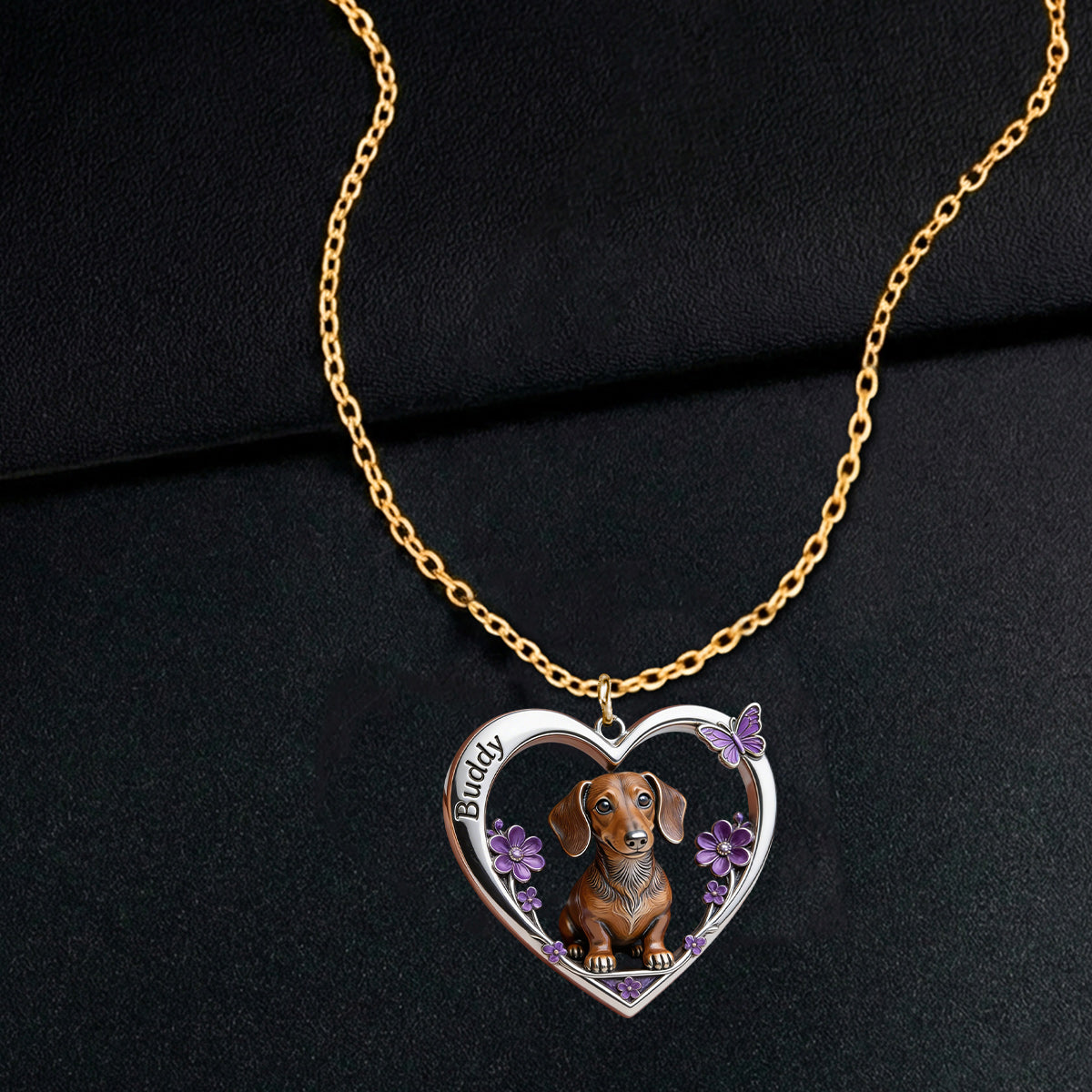 Any Photo Love My Pet Custom Flower - Personalized Dog Shaped Metal Pendant Necklace