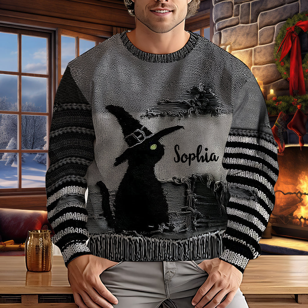 Black Cat With Witch Hat - Personalized Witch Ugly Sweater
