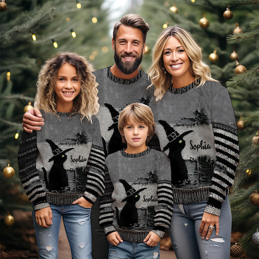 Black Cat With Witch Hat - Personalized Witch Ugly Sweater