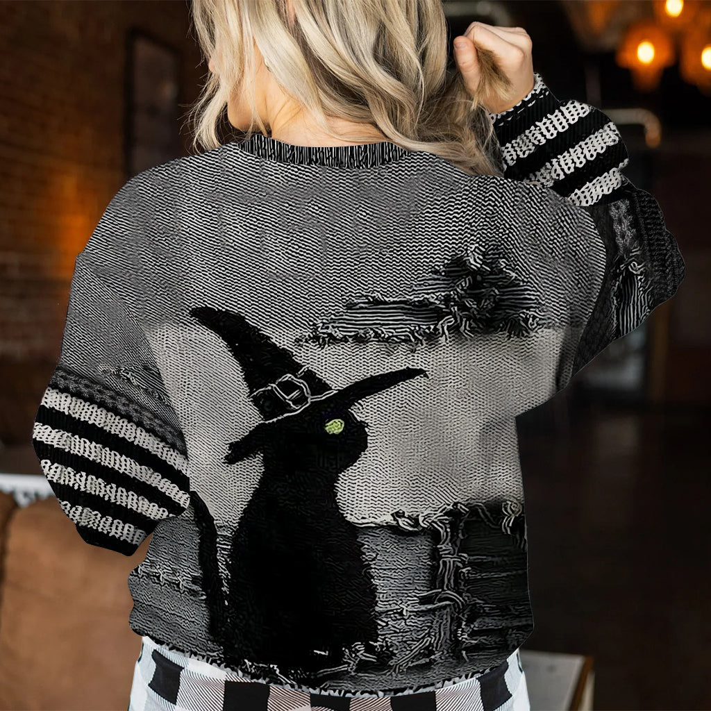 Black Cat With Witch Hat - Personalized Witch Ugly Sweater