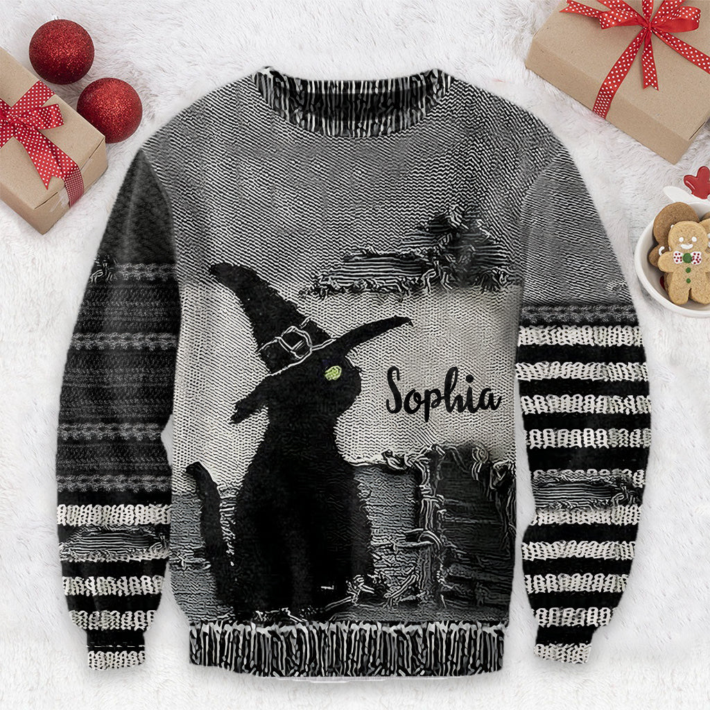 Black Cat With Witch Hat - Personalized Witch Ugly Sweater