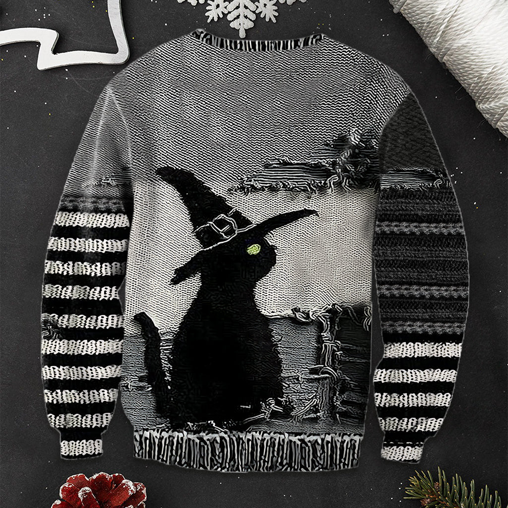 Black Cat With Witch Hat - Personalized Witch Ugly Sweater