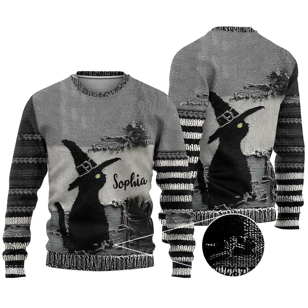 Black Cat With Witch Hat - Personalized Witch Ugly Sweater