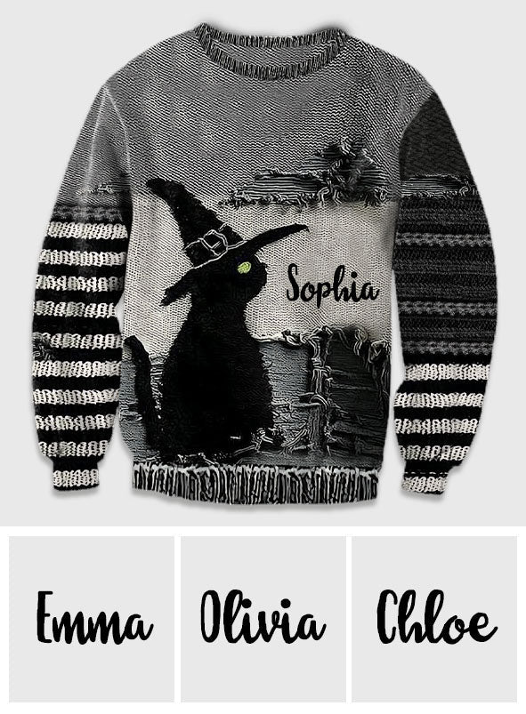 Black Cat With Witch Hat - Personalized Witch Ugly Sweater