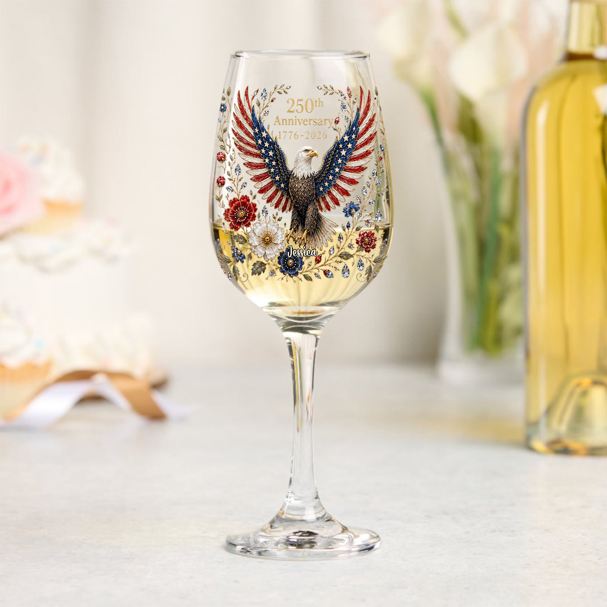 Land Of The Free - Personalized Bald Eagle Long Stem Wine Glass With Box