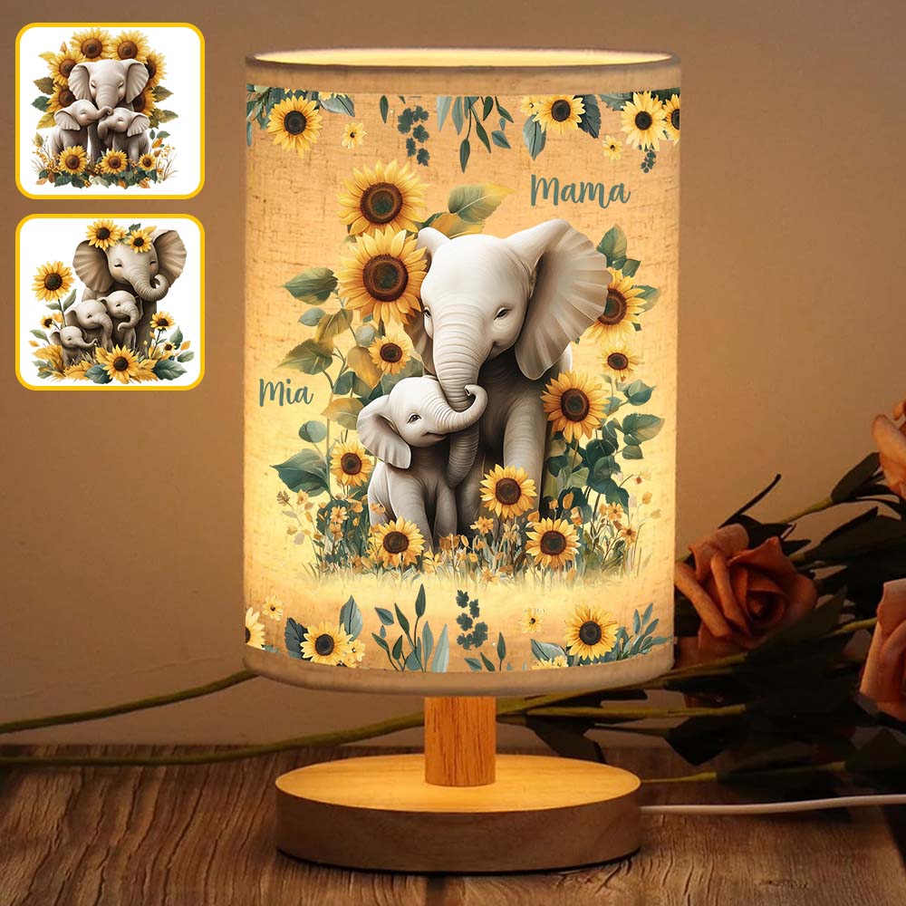 Sunflower Elephant Mom - Personalized Mother Tableside Lamp With Wood Base
