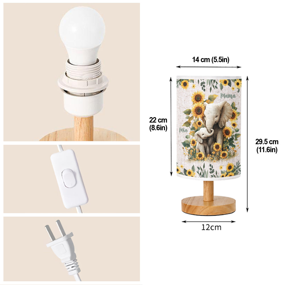 Sunflower Elephant Mom - Personalized Mother Tableside Lamp With Wood Base