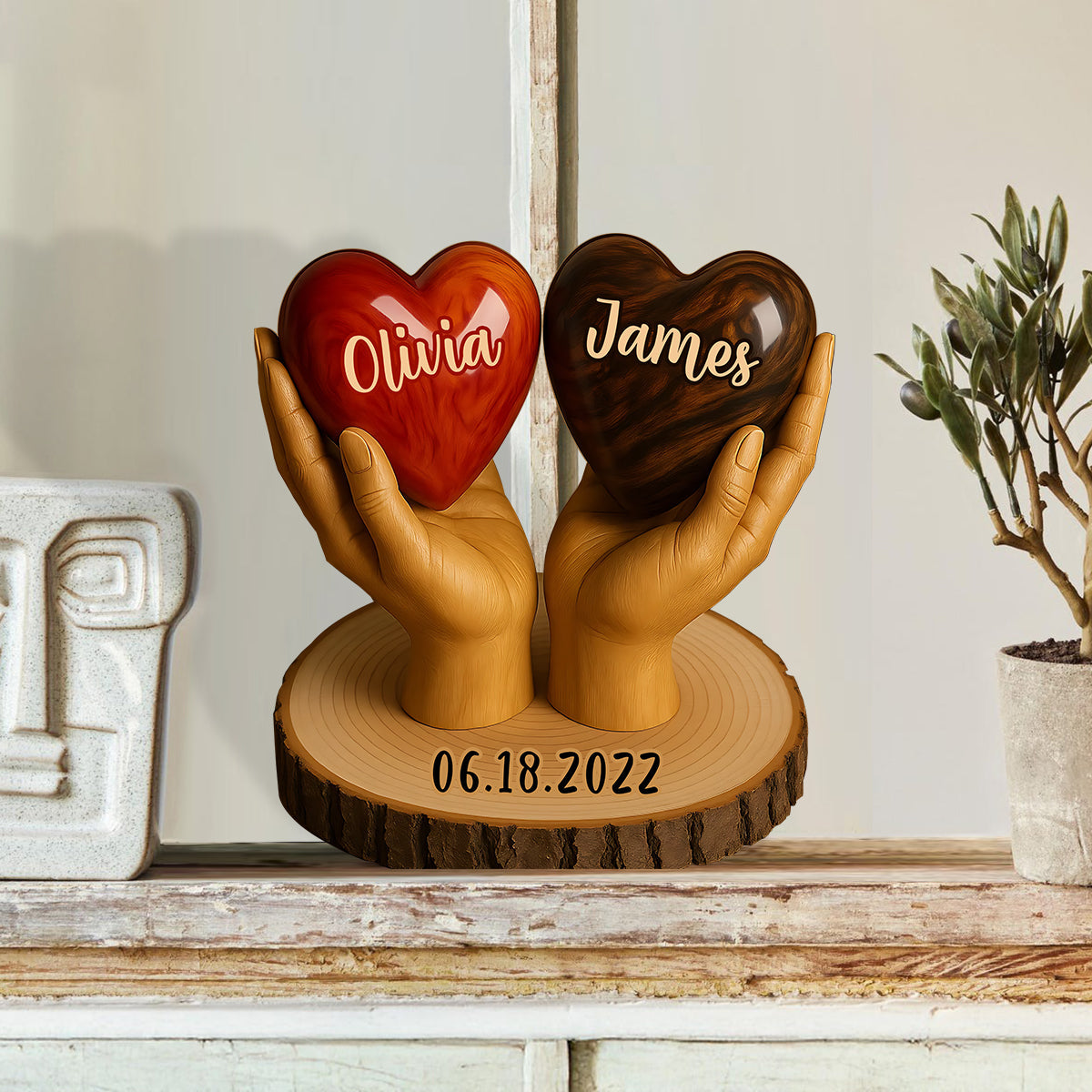 Two Hearts One Love - Personalized Couple Custom Shaped Wood Plaque