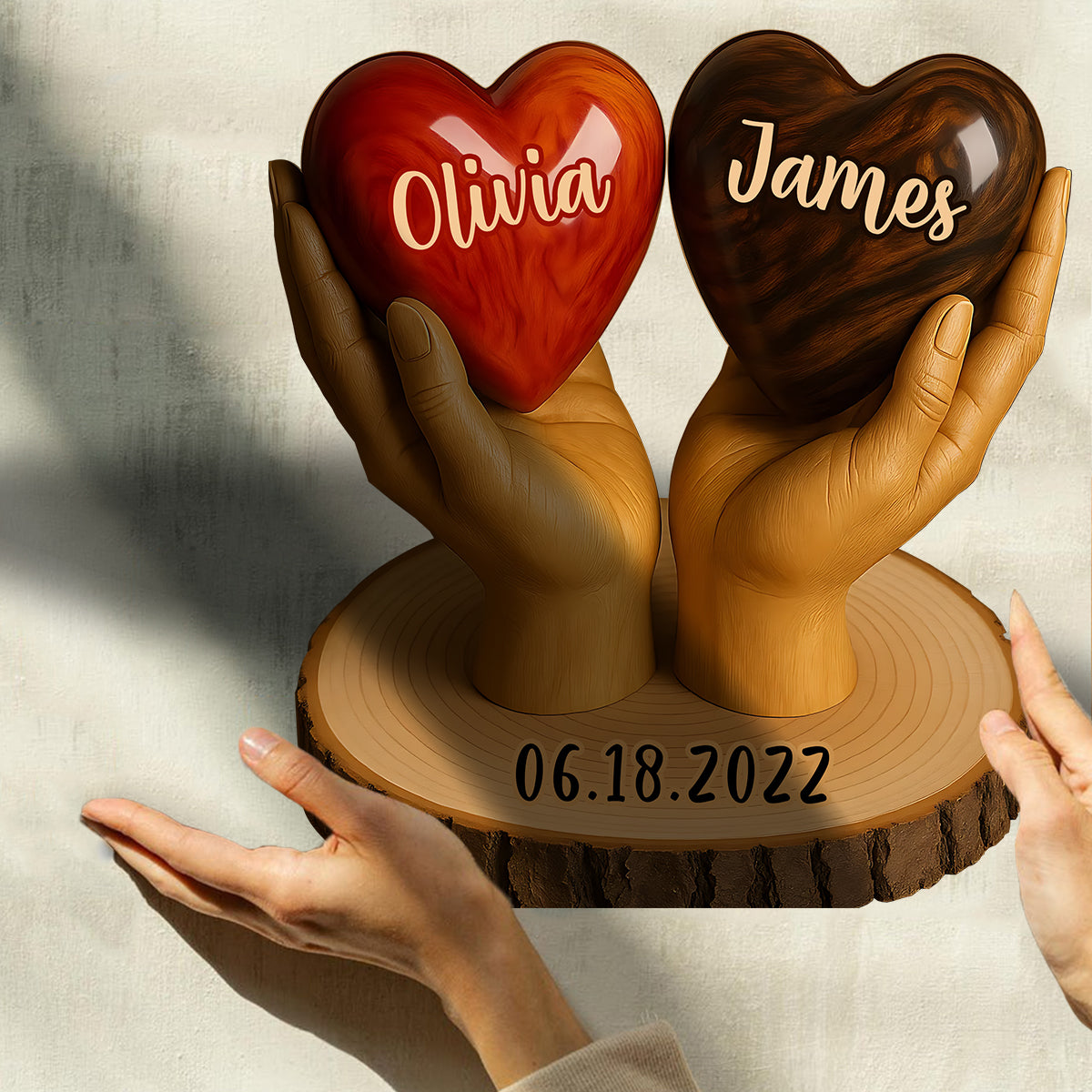 Two Hearts One Love - Personalized Couple Custom Shaped Wood Plaque