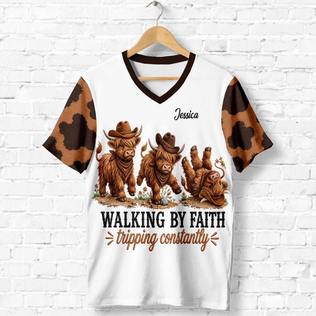 Walking By Faith Tripping Constantly - Personalized Highland Cow Fully Printed V-Neck T-Shirt