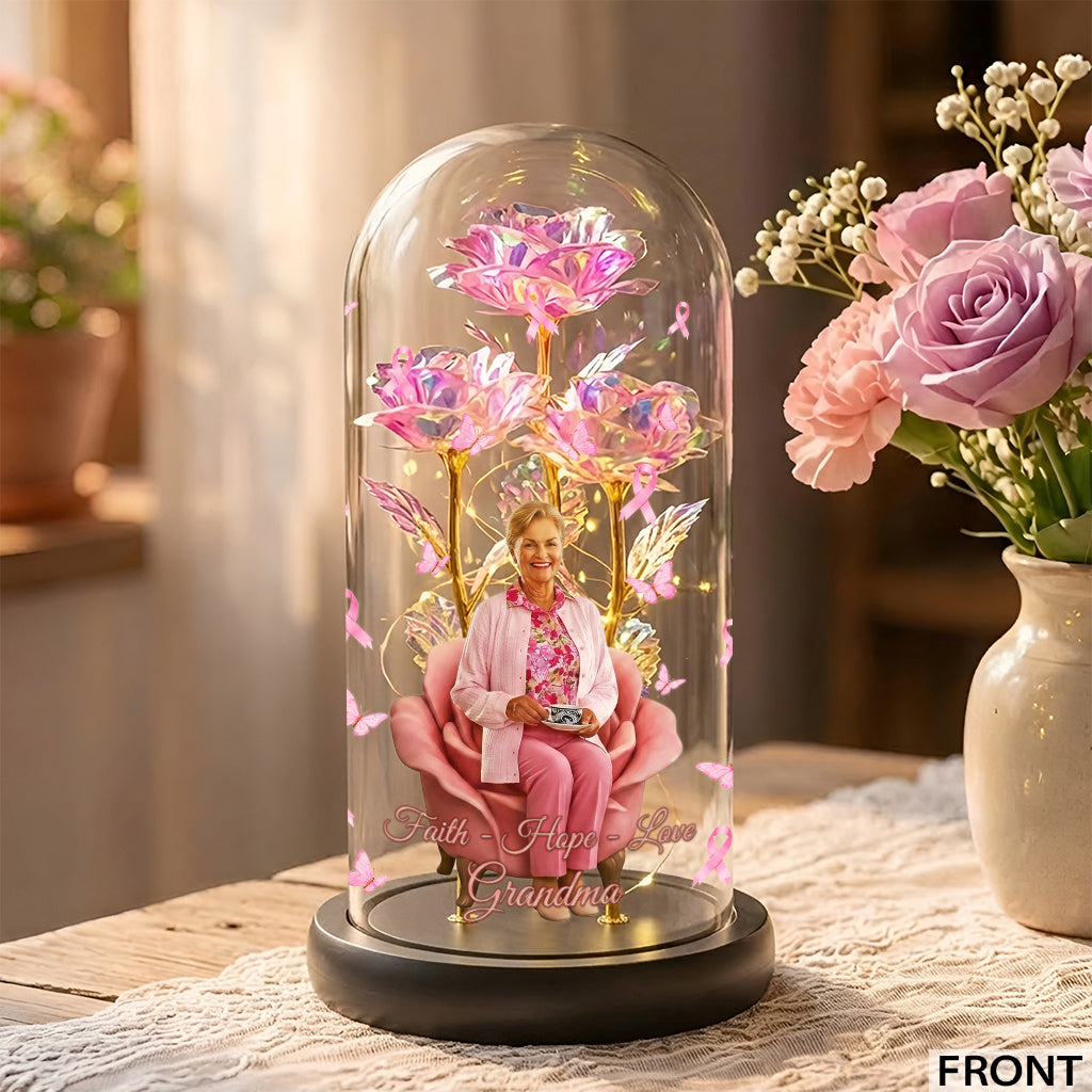 Faith Hope Love - Personalized Breast Cancer Awareness Glowing Roses Glass Dome
