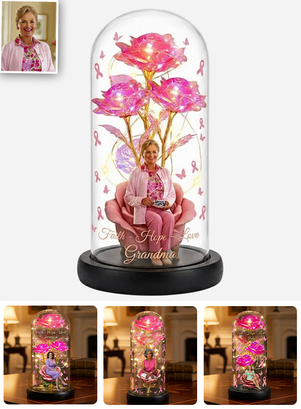 Faith Hope Love - Personalized Breast Cancer Awareness Glowing Roses Glass Dome