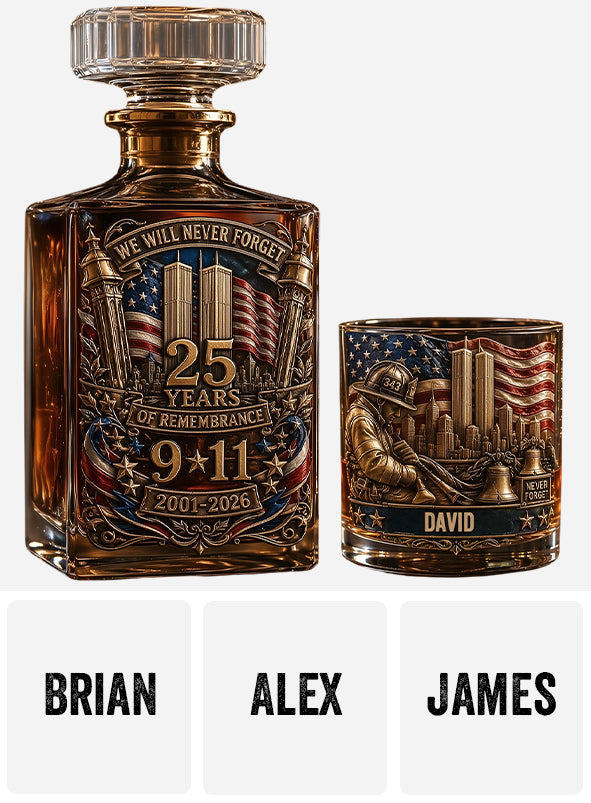 25 Years We Will Never Forget - Personalized Patriot Whiskey Decanter Set