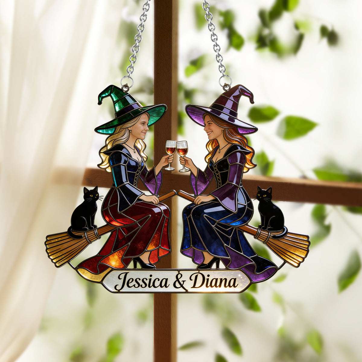 Custom Any Photo - Witch Besties - Personalized Witch Window Hanging Suncatcher Ornament