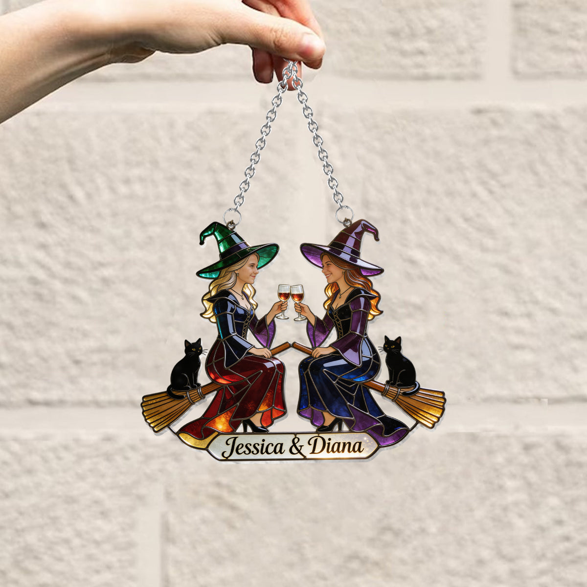 Custom Any Photo - Witch Besties - Personalized Witch Window Hanging Suncatcher Ornament