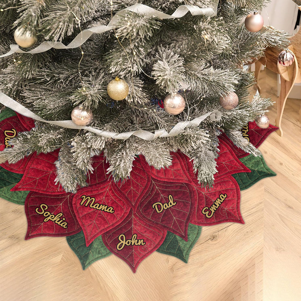 Name Custom Poinsettia Tree Skirt For Big Family, Merry Christmas 2025 - Personalized Family Shaped Tree Skirt