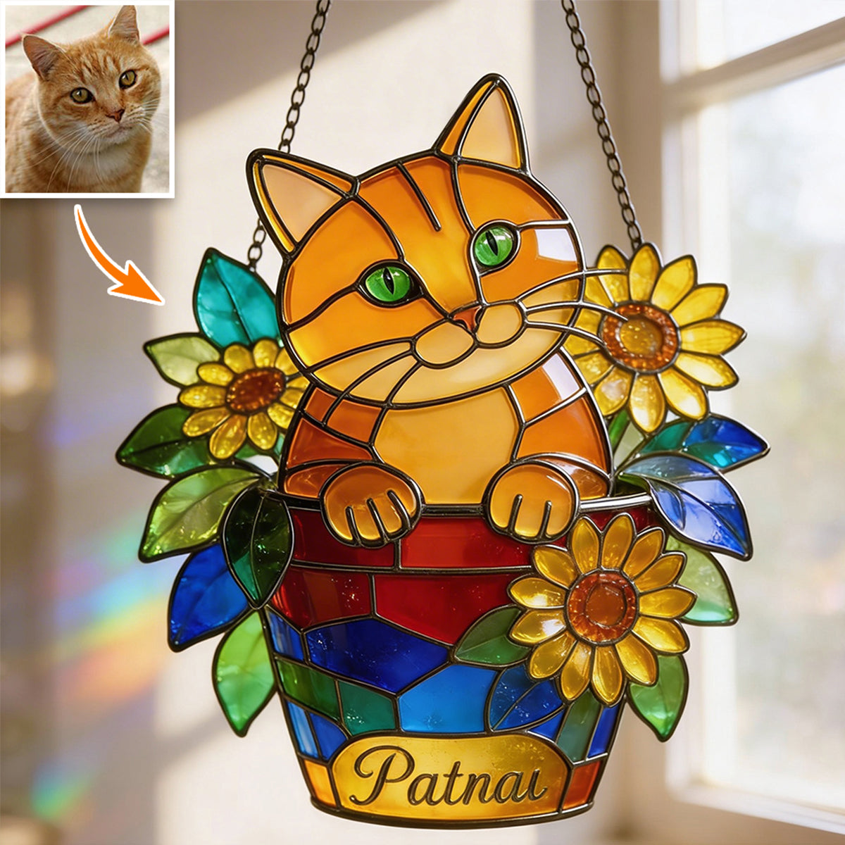 Cute Pets And Flowers - Personalized Cat Window Hanging Suncatcher Ornament